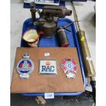 An RAC car badge, 63 Year Drive badge, Commander badge, mounted on wooden plaque, oil can, pressure