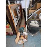 Vintage golf clubs, frame, and coal boxes. (a quantity)