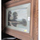 A group of Victorian and later pictures and prints, comprising a landscape oil on canvas in gilt fra