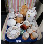 Ceramics and tapestry, two part tea sets, jugs, an Aubosson type tapestry, etc. (1 tray and tapestry