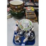 Two ceramics bowls, Waddingtons jigsaw puzzle, cigarette cards, Coronation puzzle, Picquot ware type
