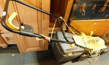 A Challenge 1400w electric lawn mower, in yellow and grey.