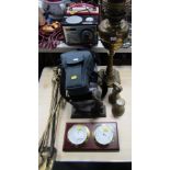 Brassware, oil lamp, barometer and thermometer, camera bag, weights, etc. (a quantity)