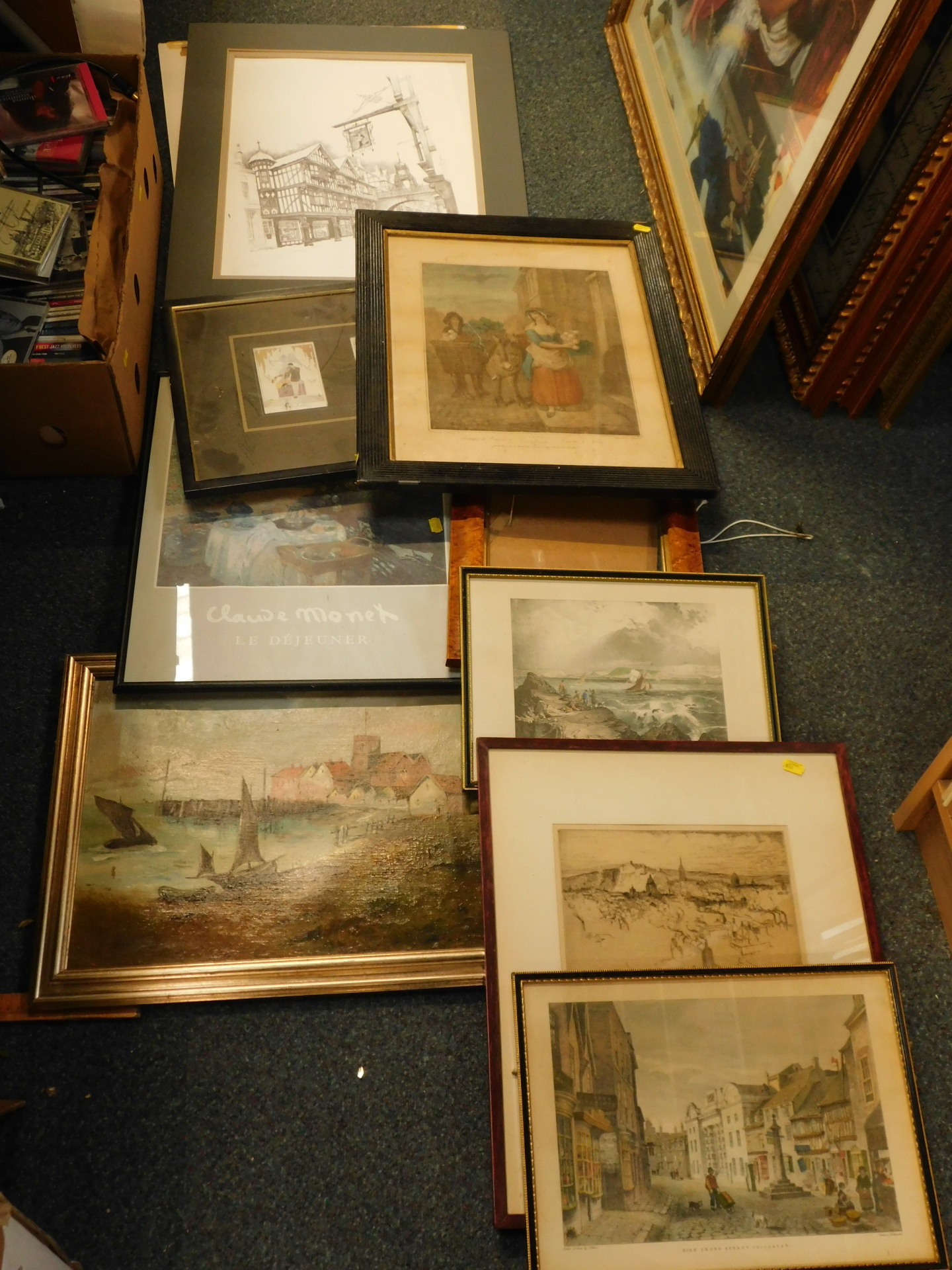 Prints, pictures, frames, Hogarth frame, overglazed print, landscape, boat drying sails before castl