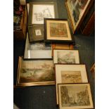 Prints, pictures, frames, Hogarth frame, overglazed print, landscape, boat drying sails before castl