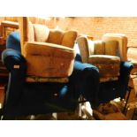 Two blue material armchairs, and two Art Deco style club chairs, (4) The upholstery in this lot does