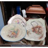Pottery and effects, cake stands, oak mantel clock and other clocks, etc. (2 boxes)