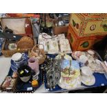 An early 20thC barometer, wicker hamper, metronome, various pottery cheese dishes, cake stands, silv