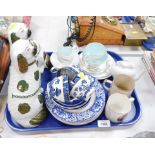 A Royal Albert Festival pattern part tea service, blue and white cups and saucers, commemorative war