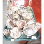Silver plated ware, gravy boat, angular sugar castor, sauce boats, egg cruet stand, etc. (1 tray)