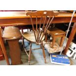 A group of furniture, including side table, walnut three tier stand, footstools, magazine rack, Ewba