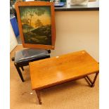 A low coffee table, a black gloss piano stool and a painted fire screen. (3)