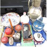 Cricket ball trophies, mobile phone, golf ball shaped decanter, ewer with metal mounts, etc. (a quan