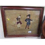 A late 19th/early 20thC embroidered panel, depicting two children farming, 31cm x 41cm, framed and g