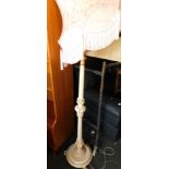 A white painted standard lamp, on twist stem, cabriole legs, with pink shade. WARNING! This lot con