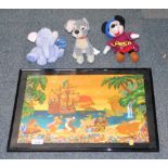 A framed Disney print, and three Disney soft toys, to include Heffalump, Mickey, and the dog from La