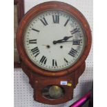 A 19thC American walnut and parquetry drop dial wall clock, the cross banded border on a white ename