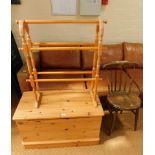 A pine blanket chest, side chair and towel rail. (3)