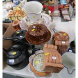 A cast iron kettle and lidded pan, transfer printed wash jug, similar bowl, wooden wall hangings, gl