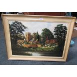 20thC School. Church and thatched cottage scene, oil on canvas, framed.