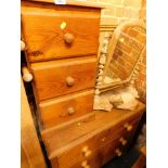 A group of furniture, comprising a pine three drawer chest, an oak three drawer bedside chest, a pin