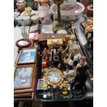 Portrait miniatures, lady figures, paperweights, xylophone, pictures, etc. (1 tray and 1 pile)