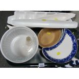 A group of eight crescent shaped dishes, blue and white with gilt edging, and other ceramics, includ