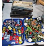 Various die cast vehicles, soldiers, Del Prado and others, some plastic, golf balls, various cutlery