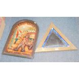 A triangle framed mirror, and a Coco the clown collectors plaque. (2)