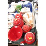 Pottery and effects, cheese dish, red decorated planter, part tea ware, etc. (2 trays)