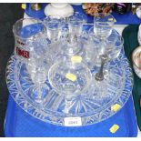 Glassware, to include hors d'ouevres dish, commemorative goblets, drinking glasses, bell, etc.