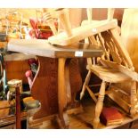 An oak octagonal side table, and two pine chairs. (3)