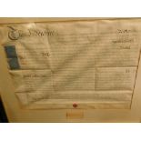 A 19thC Indenture, with a stamp for Mary Low Widow, dated 25th August 1802, framed and glazed, 32cm