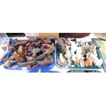 Animal ornaments, to include carved wooden elephant, otters, horn animals, ceramic animals, etc. (2