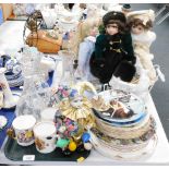 Collector's dolls, decanters, commemorative mugs, Mason trinket dish, clown ornaments, and collector