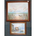 W Jerth (20thC School). Ships at harbour and seascape, oil on canvas, framed. (2)