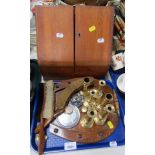 An oak letter rack (AF), oak horseshoe crumb tray, brushes, tea urn, brass candlesticks, etc. (1 tra