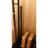 A snooker cue stand, cased snooker cue and two portable heaters. (4)