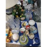 Various glassware, shells, part drink set, empty alcohol bottle Mateus, ships decanter, rice bowls,
