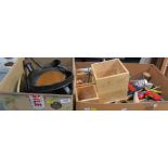 A decorative oil can, watering can, tool chest and tools, etc. (2 boxes and chest)
