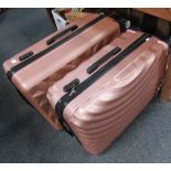 Two graduated sets of three travel cases, 70cm high, 47cm wide, 31cm deep and 66cm high, 45cm