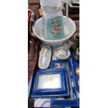 A turquoise dressing room set, comprising wash jug and bowl and two dishes, pictures, blue and white