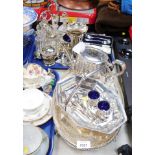 Silver plated wares, cruet sets, cased spoons, serving tray, etc. (2 trays)