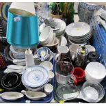 Various household china and effects, shades, wall clock, oriental china, rice bowls, coffee percolat