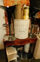 Furniture and effects, two bar stools, rugs, laundry basket, walking sticks, chest, folding camping