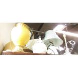 Various table lamps, comprising a duck egg blue side lamp, two taper candlestick lamps, shades, etc.