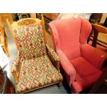Two Victorian style dining chairs, comprising a pink wingback armchair, and a abstract design side c