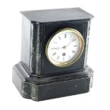 A 19thC slate and marble mantel clock, the 9cm diameter dial with Roman numerals, in shaped case wit