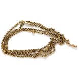 A longuard chain, with plain links broken by orbs, the clasp marked 9ct, 126cm long 26.5 g.
