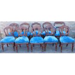 A Harlequin set of ten Victorian mahogany balloon back chairs, each with a blue velvet padded seat,